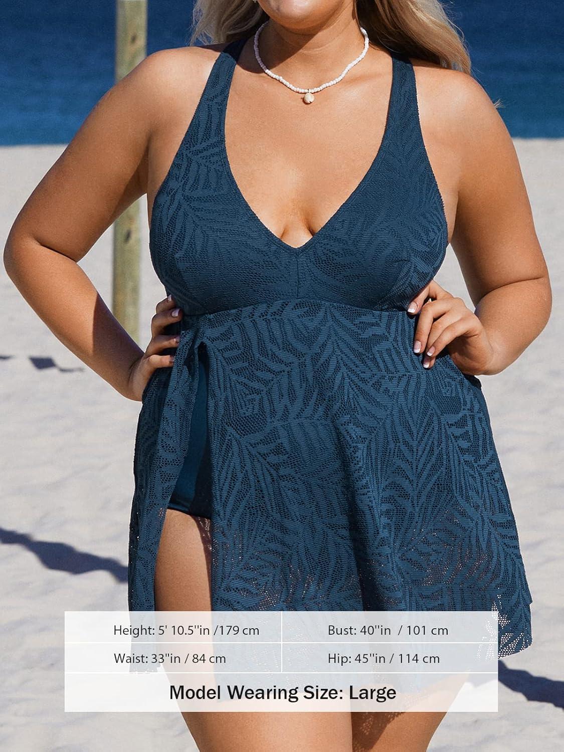 imageCUPSHE Womens One Piece Swimsuit Plus Size Bathing Suit Mesh Hollow Out Cross Back Split Swim Dress Leaf TextureNavy