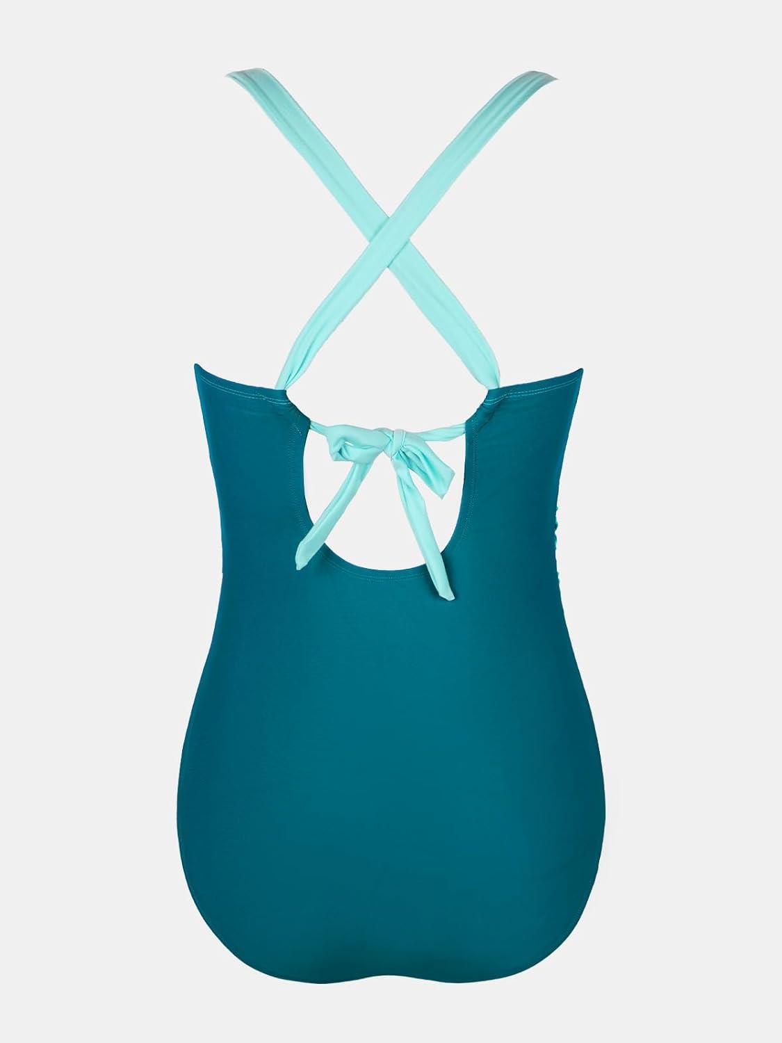 imageCUPSHE Womens Plus Size Swimsuit One Piece Tummy Control Bathing Suit Crossback Halter Ruched SwimwearTealLight Blue