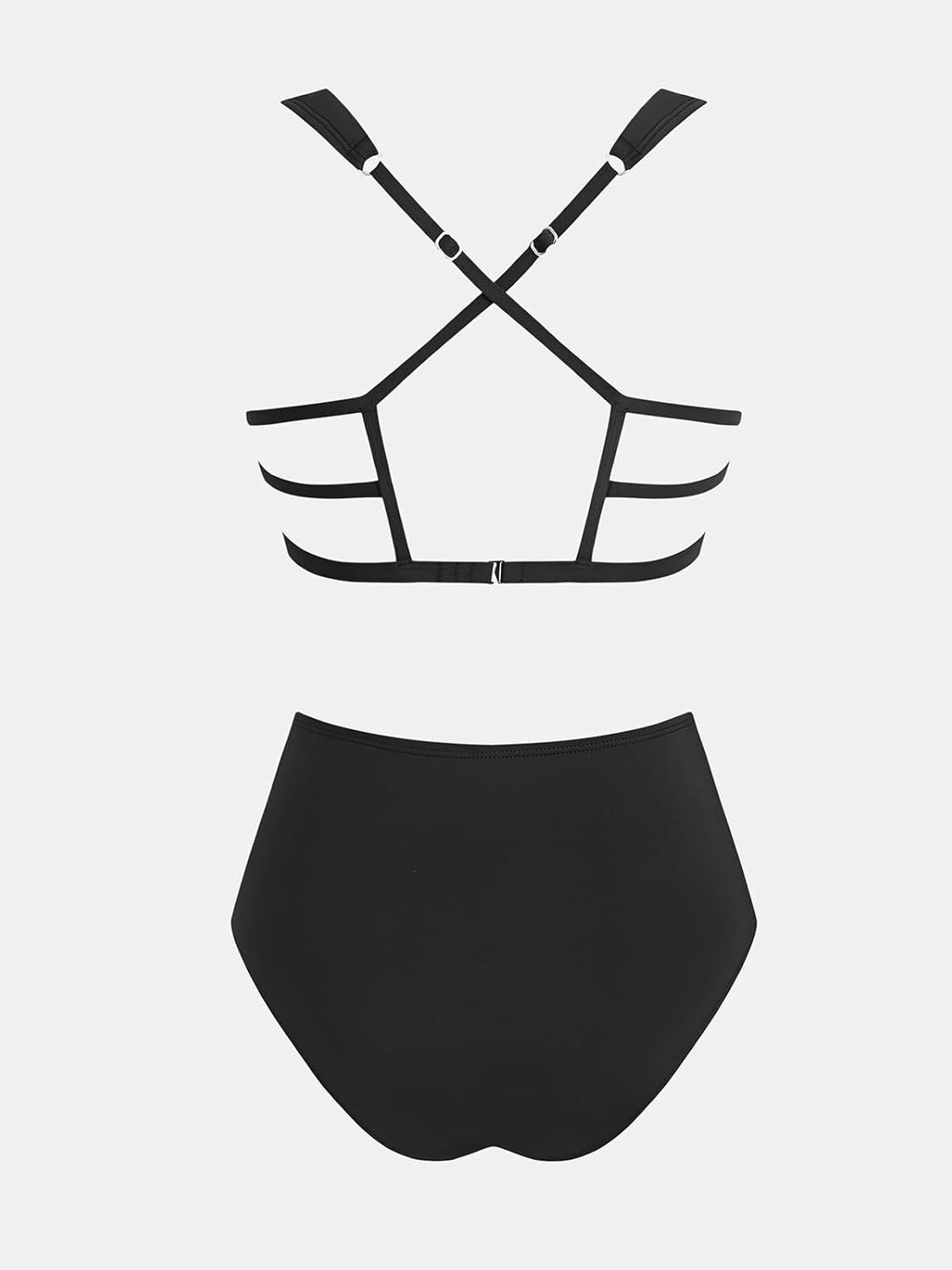 imageCUPSHE Womens Two Piece Bikini Sets High Waisted Deep V Cowl Neck Ruching Crisscross Back Hook Adjustable StrapsBlack