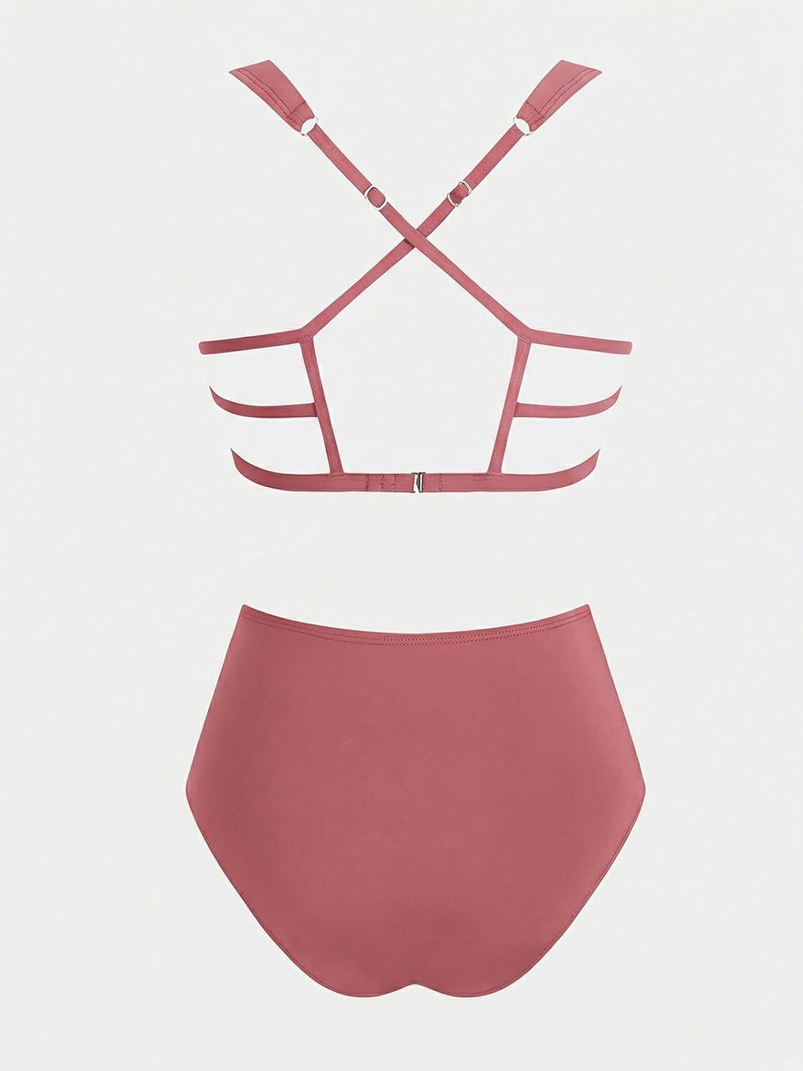 imageCUPSHE Womens Two Piece Bikini Sets High Waisted Deep V Cowl Neck Ruching Crisscross Back Hook Adjustable StrapsBrick Red