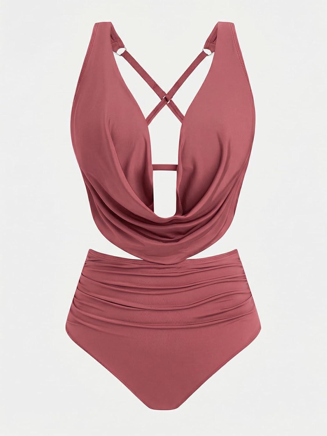 imageCUPSHE Womens Two Piece Bikini Sets High Waisted Deep V Cowl Neck Ruching Crisscross Back Hook Adjustable StrapsBrick Red