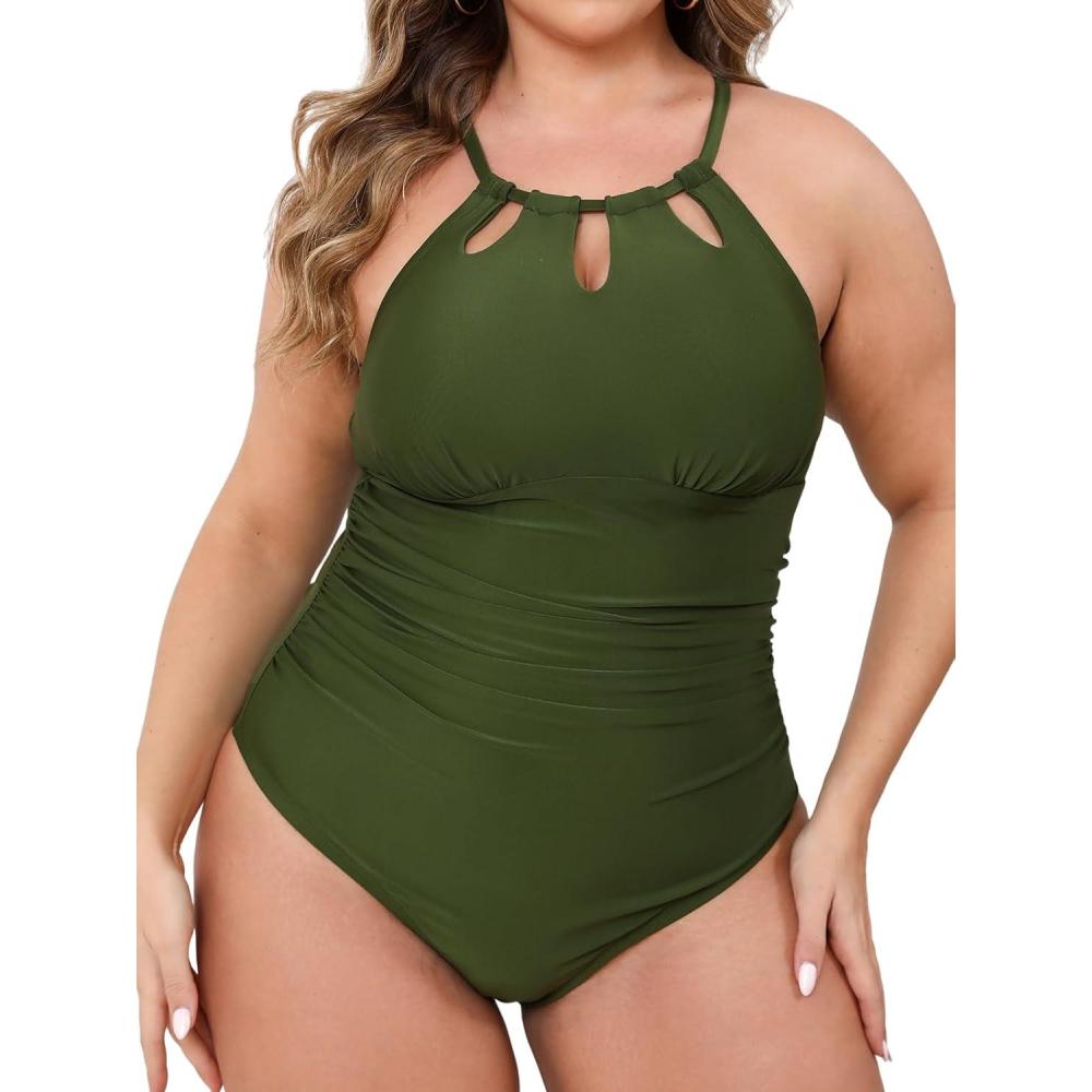 imageCUPSHE Plus Size One Piece Swimsuit for Women High Neck Cutout Bathing Suit Self Tie Curvy Slimming SwimwearOlive Green