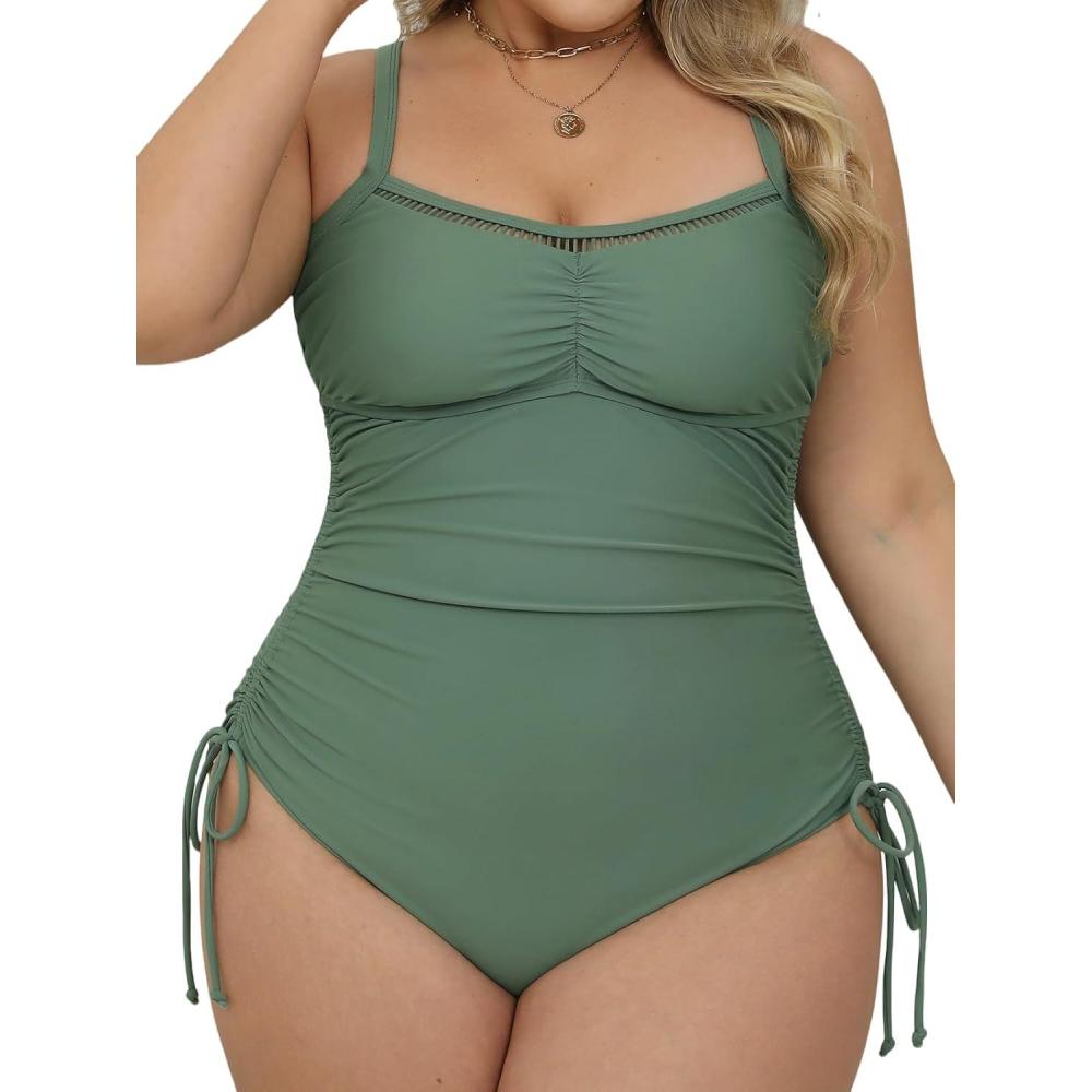 imageCUPSHE Plus Size Womens One Piece Bathing Suit Scoop Neck Swimsuit Cutouts Side Drawstring Adjustable StrapsSage Green