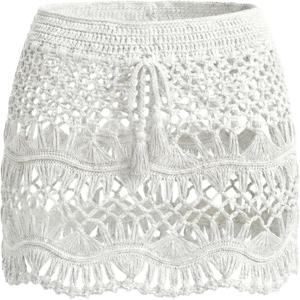 imageCUPSHE Women Crochet Coverup Skirt Drawstring Knit Mini Skirt Coverup for SwimwearWhite