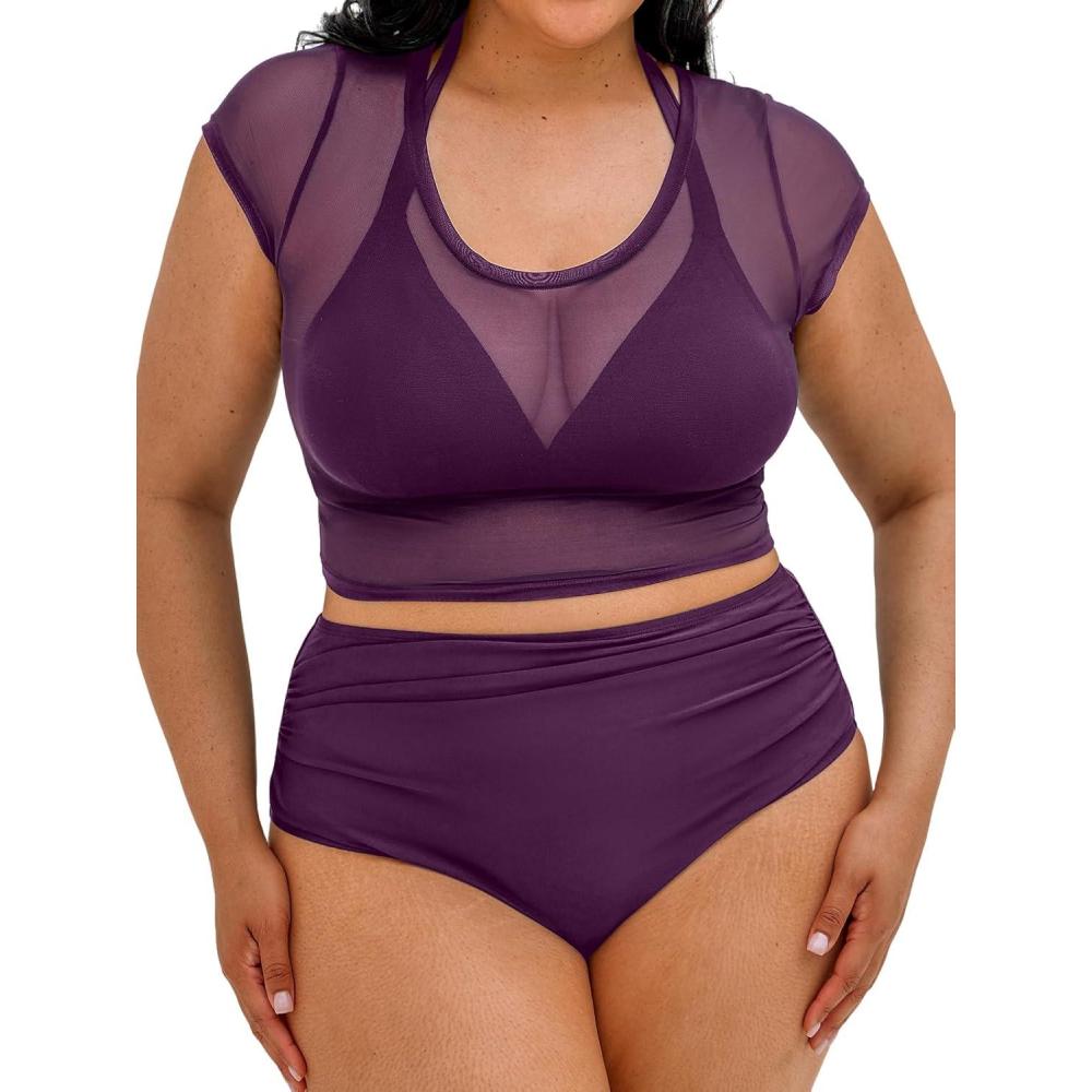 imageCUPSHE Women Swimsuit Plus Size Bikini Set Three Piece High Waisted Sheer Mesh Top Halter Ruched BottomBlackberry Wine