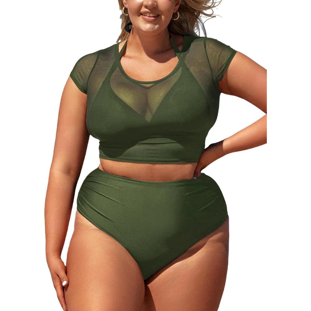 imageCUPSHE Women Swimsuit Plus Size Bikini Set Three Piece High Waisted Sheer Mesh Top Halter Ruched BottomForest Green