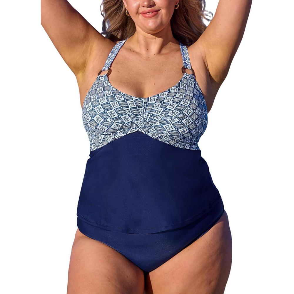 imageCUPSHE Women Tankini Sets Plus Size Two Piece Swimsuit V Neck Mid Rise Crisscross Back Tie O RingNavy BlueRetro Print