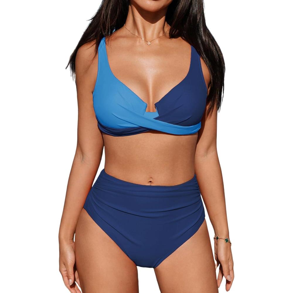 imageCUPSHE Womens Bikini Sets High Waisted Swimsuit Underwire Adjustable Straps Twisted Hook Full Coverage BottomLight BlueDark Blue