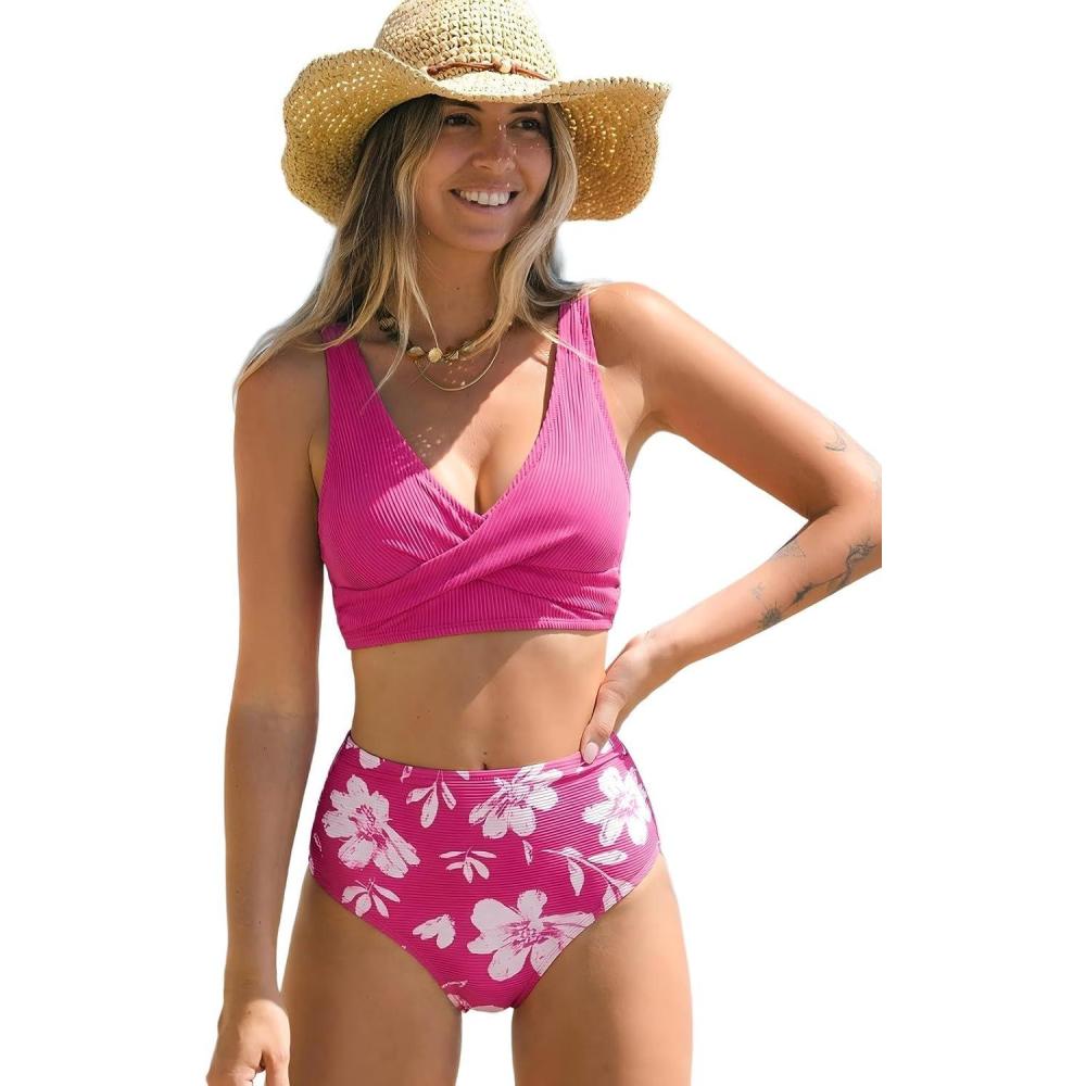 imageCUPSHE Womens Bikini Sets High Waisted Two Piece Swimsuit V Neck Front Wrap Adjustable Straps Ruched Bottom SwimwearPinkFloral