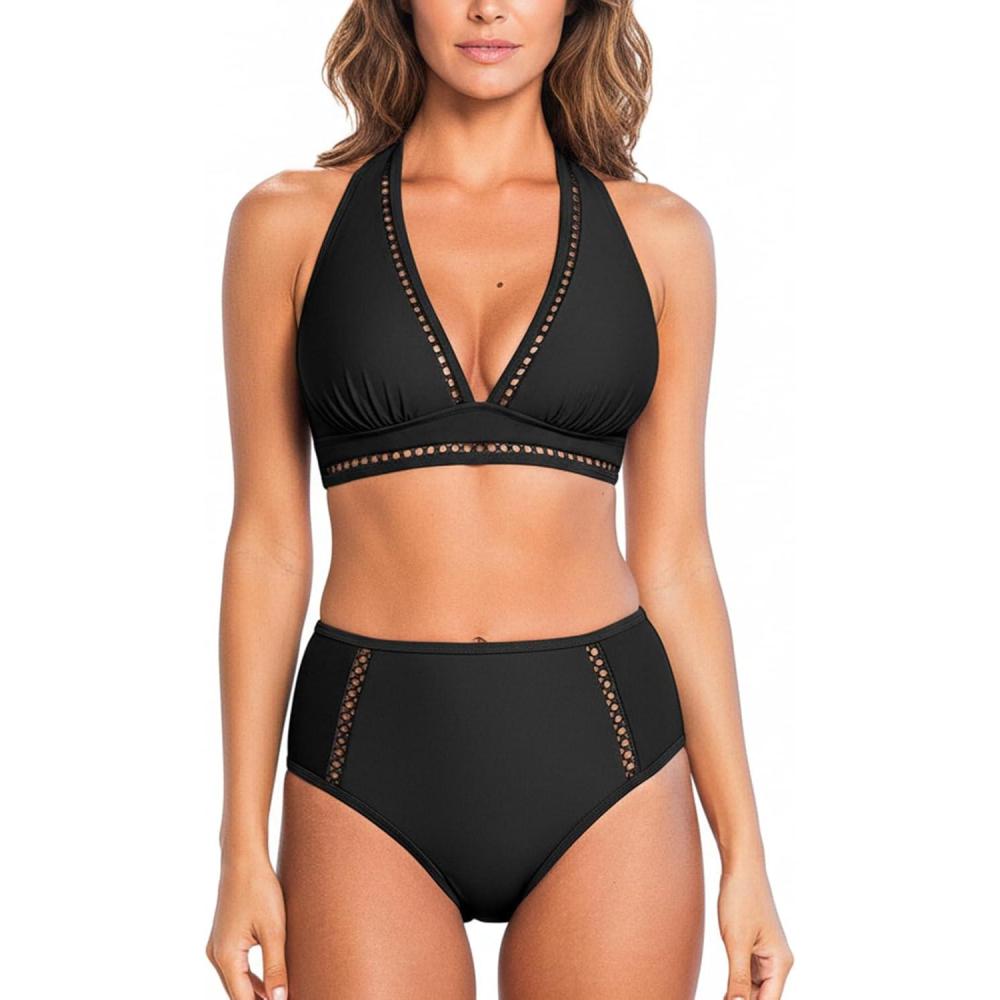imageCUPSHE Womens Bikini Sets High Waisted Two Piece Swimsuit V Neck Halter Strap Bathing Suit Cutouts Back HookBlack