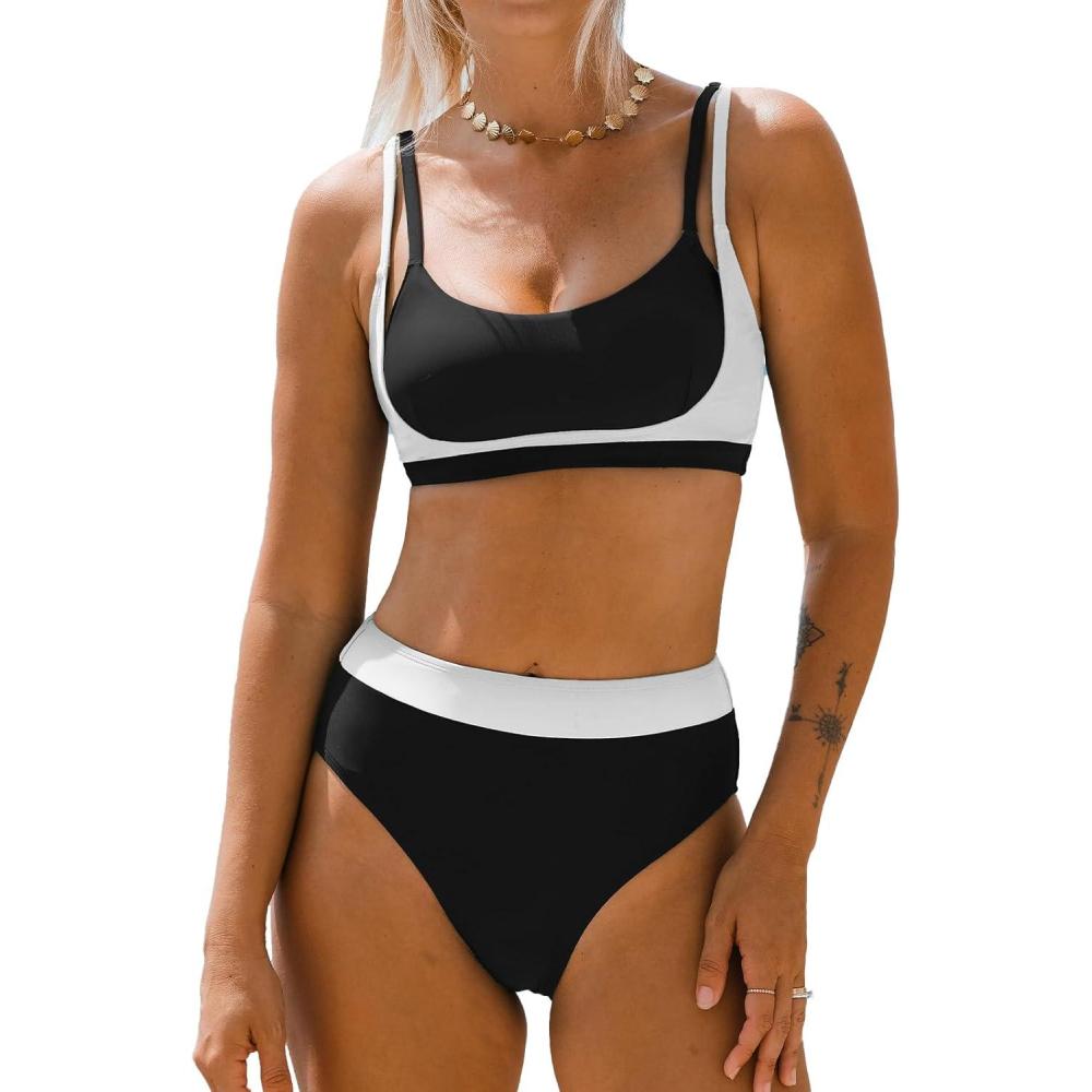 imageCUPSHE Womens Bikini Sets Scoop Neck Adjustable Straps Sporty Bathing Suit High Rise ColorblockBlackWhite