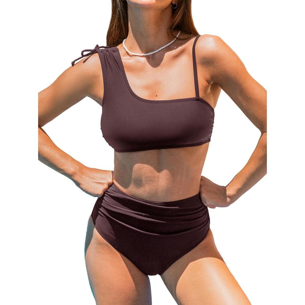 imageCUPSHE Womens Bikini Sets Two Piece Swimsuit High Waisted Drawstring Asymmetrical Neck Shirred Bathing SuitsBrick Brown