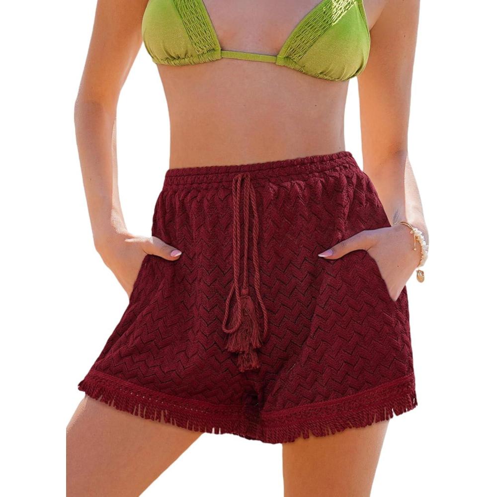 imageCUPSHE Womens Casual Shorts High Waisted Beach Cover Up Drawstring Lace Summer Shorts with PocketsRed