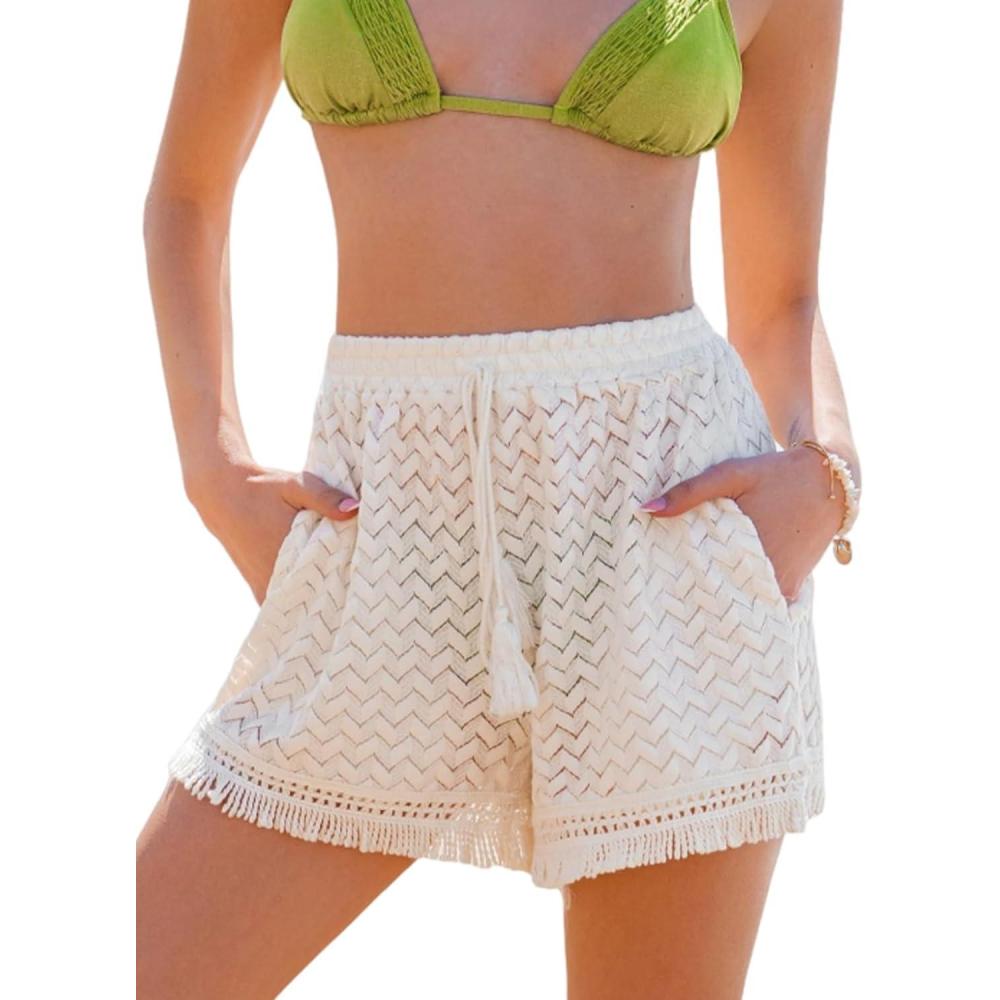 imageCUPSHE Womens Casual Shorts High Waisted Beach Cover Up Drawstring Lace Summer Shorts with PocketsWhite