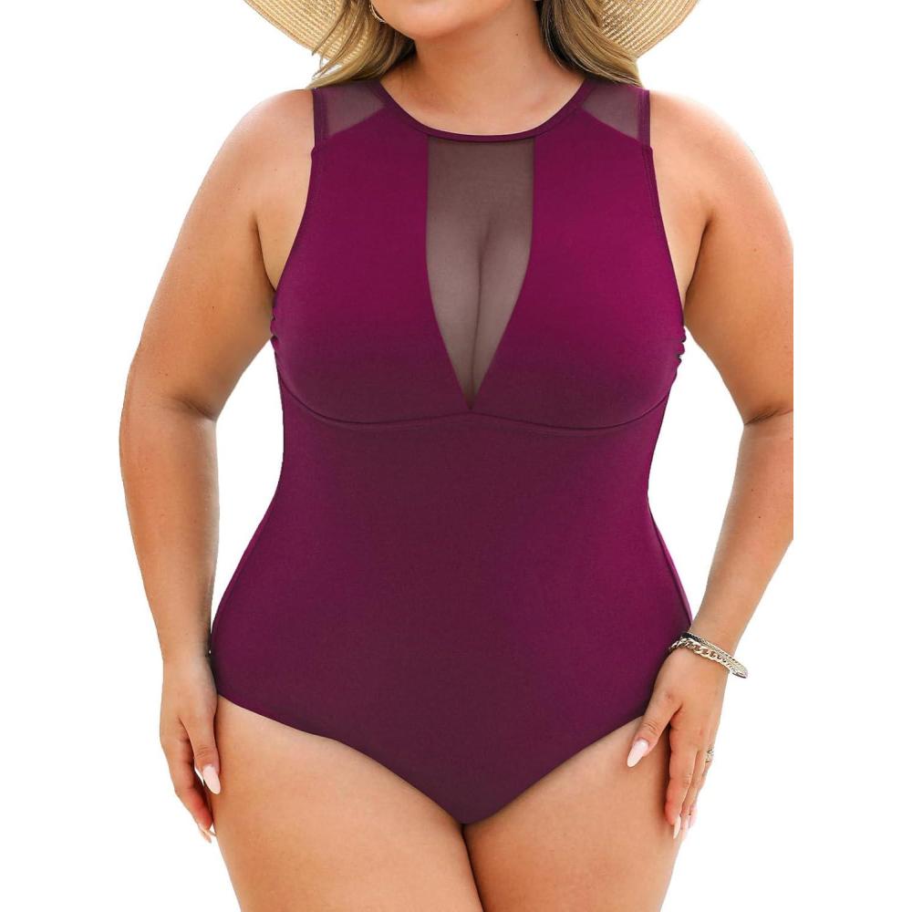 imageCUPSHE Womens One Piece Swimsuit Plus Size Bathing Suit Mesh Crew Neck Swimwear Back TieDark Magenta