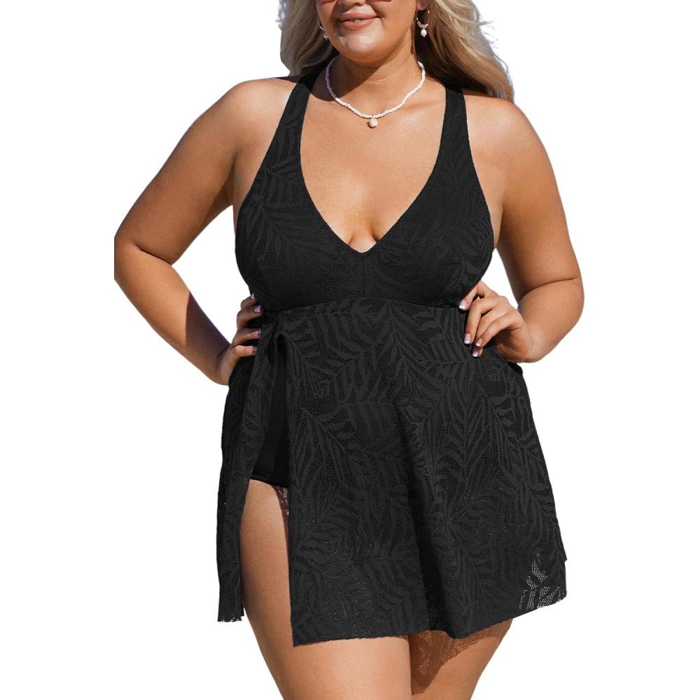 imageCUPSHE Womens One Piece Swimsuit Plus Size Bathing Suit Mesh Hollow Out Cross Back Split Swim Dress Leaf TextureBlack