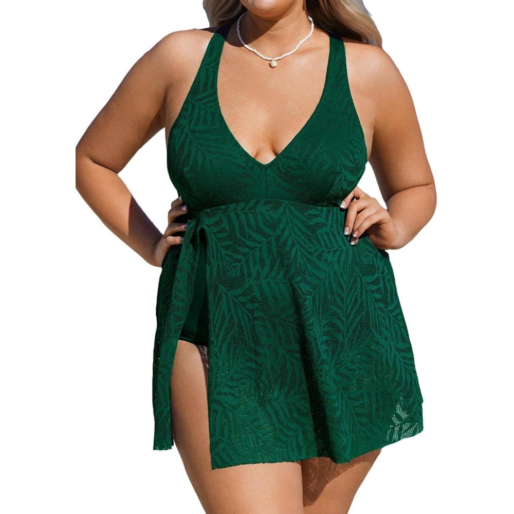 imageCUPSHE Womens One Piece Swimsuit Plus Size Bathing Suit Mesh Hollow Out Cross Back Split Swim Dress Leaf TextureEverglade Green