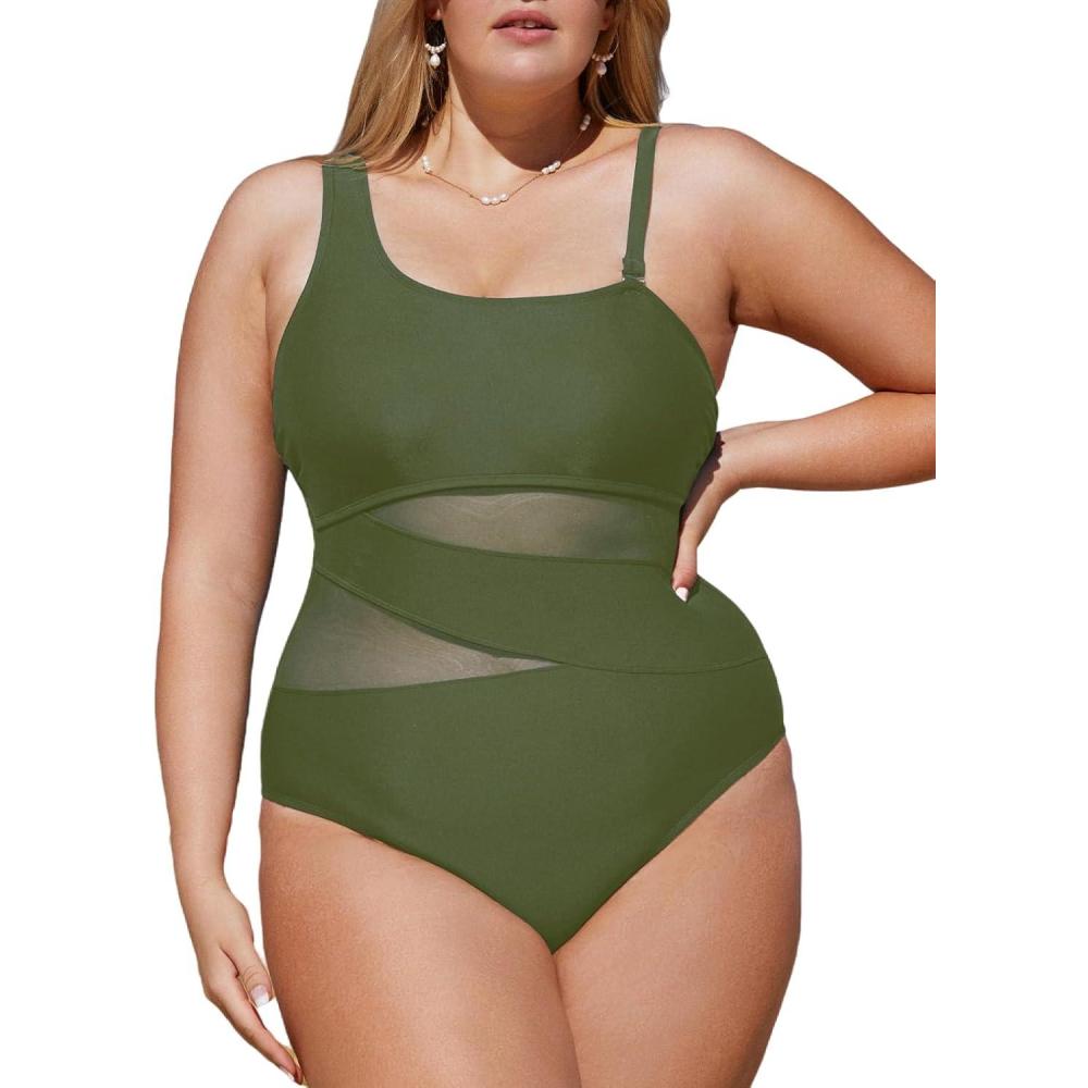 imageCUPSHE Womens Plus Size Swimsuit One Piece Bathing Suit Mesh Removable Straps SwimwearArmy Green