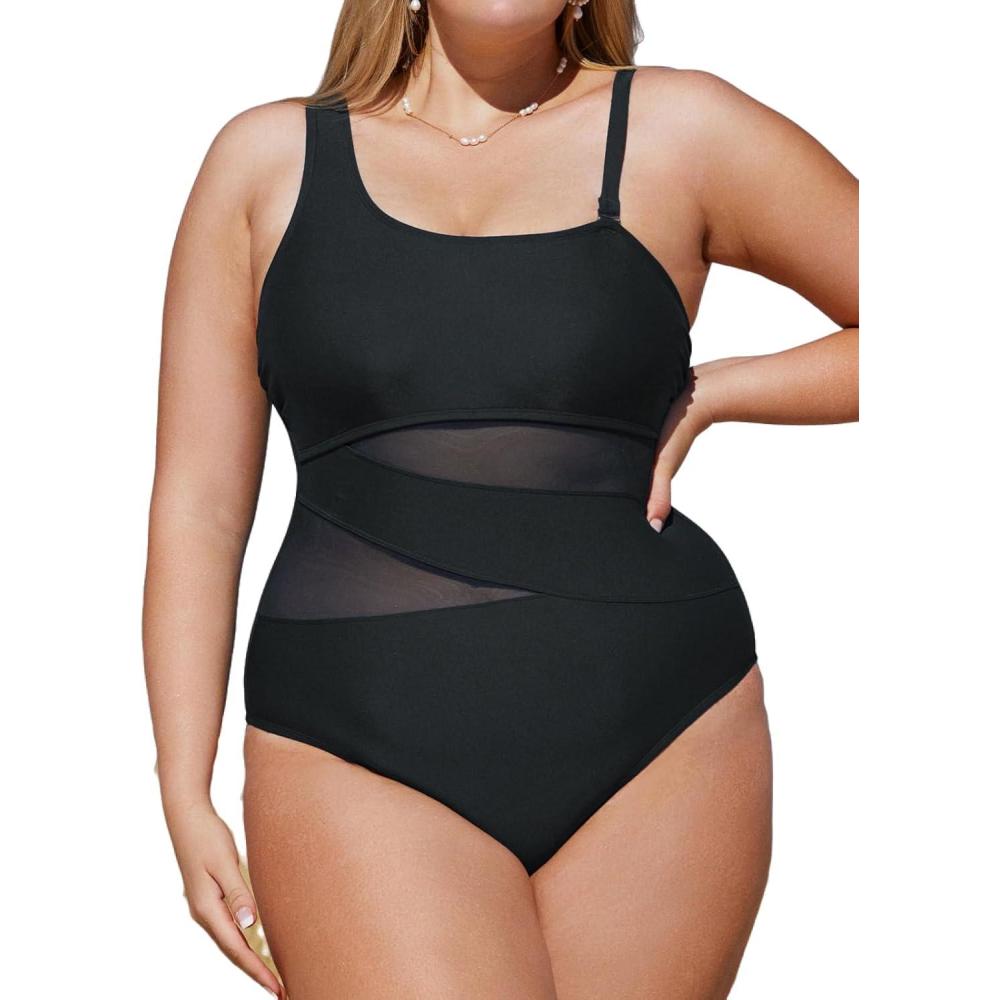 imageCUPSHE Womens Plus Size Swimsuit One Piece Bathing Suit Mesh Removable Straps SwimwearBlack