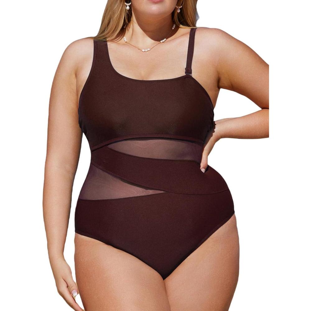 imageCUPSHE Womens Plus Size Swimsuit One Piece Bathing Suit Mesh Removable Straps SwimwearBrown
