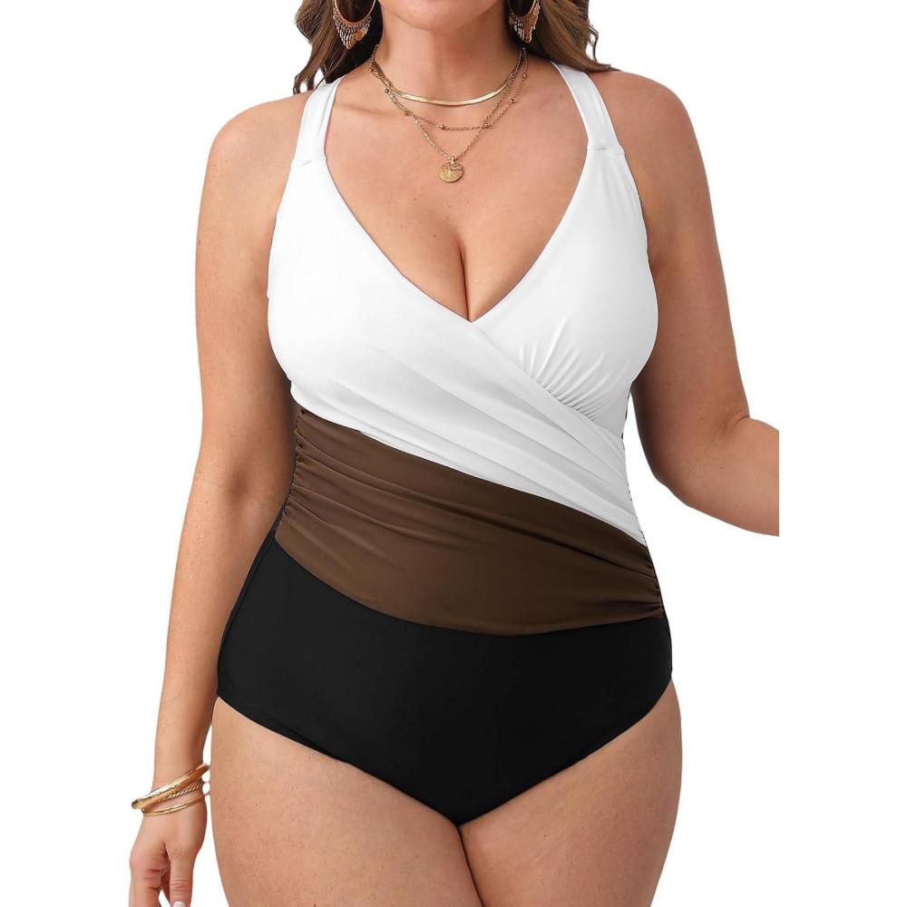 imageCUPSHE Womens Plus Size Swimsuit One Piece Tummy Control Bathing Suit Crossback Halter Ruched SwimwearBlackWhite