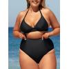CUPSHE Women Swimsuit Plus Size Bikini Set Three Piece High Waisted Sheer Mesh Top Halter Ruched Bottom(Black)