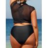 CUPSHE Women Swimsuit Plus Size Bikini Set Three Piece High Waisted Sheer Mesh Top Halter Ruched Bottom(Black)