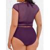 CUPSHE Women Swimsuit Plus Size Bikini Set Three Piece High Waisted Sheer Mesh Top Halter Ruched Bottom(Blackberry Wine)