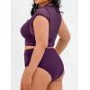 CUPSHE Women Swimsuit Plus Size Bikini Set Three Piece High Waisted Sheer Mesh Top Halter Ruched Bottom(Blackberry Wine)