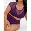 CUPSHE Women Swimsuit Plus Size Bikini Set Three Piece High Waisted Sheer Mesh Top Halter Ruched Bottom(Blackberry Wine)