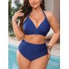 CUPSHE Women Swimsuit Plus Size Bikini Set Three Piece High Waisted Sheer Mesh Top Halter Ruched Bottom(Blue)