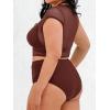 CUPSHE Women Swimsuit Plus Size Bikini Set Three Piece High Waisted Sheer Mesh Top Halter Ruched Bottom(Brown)