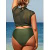CUPSHE Women Swimsuit Plus Size Bikini Set Three Piece High Waisted Sheer Mesh Top Halter Ruched Bottom(Forest Green)