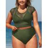 CUPSHE Women Swimsuit Plus Size Bikini Set Three Piece High Waisted Sheer Mesh Top Halter Ruched Bottom(Forest Green)