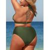 CUPSHE Women Swimsuit Plus Size Bikini Set Three Piece High Waisted Sheer Mesh Top Halter Ruched Bottom(Forest Green)