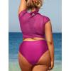 CUPSHE Women Swimsuit Plus Size Bikini Set Three Piece High Waisted Sheer Mesh Top Halter Ruched Bottom(Orchid Pink)