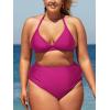 CUPSHE Women Swimsuit Plus Size Bikini Set Three Piece High Waisted Sheer Mesh Top Halter Ruched Bottom(Orchid Pink)