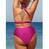 CUPSHE Women Swimsuit Plus Size Bikini Set Three Piece High Waisted Sheer Mesh Top Halter Ruched Bottom(Orchid Pink)