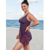 CUPSHE Women Tankini Sets Plus Size Two Piece Swimsuit High Waisted V Neck Mesh Ruched Self Tie Swim Dress(Purple)