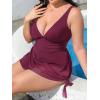 CUPSHE Women Tankini Sets Plus Size Two Piece Swimsuit High Waisted V Neck Mesh Ruched Self Tie Swim Dress(Purple Red)