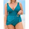 CUPSHE Women Tankini Sets Plus Size Two Piece Swimsuit High Waisted V Neck Mesh Ruched Self Tie Swim Dress(Teal)