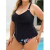 CUPSHE Women Tankini Sets Plus Size Two Piece Swimsuit V Neck Mid Rise Crisscross Back Tie O Ring(Black/Floral)