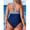 CUPSHE Women Tankini Sets Plus Size Two Piece Swimsuit V Neck Mid Rise Crisscross Back Tie O Ring(Navy Blue/Retro Print)