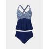 CUPSHE Women Tankini Sets Plus Size Two Piece Swimsuit V Neck Mid Rise Crisscross Back Tie O Ring(Navy Blue/Retro Print)