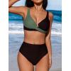 CUPSHE Women’s Bikini Sets High Waisted Swimsuit Underwire Adjustable Straps Twisted Hook Full Coverage Bottom(Black/Dark Green)