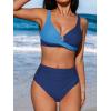 CUPSHE Women’s Bikini Sets High Waisted Swimsuit Underwire Adjustable Straps Twisted Hook Full Coverage Bottom(Light Blue/Dark Blue)