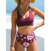 CUPSHE Women’s Bikini Sets High Waisted Two Piece Swimsuit V Neck Front Wrap Adjustable Straps Ruched Bottom Swimwear(Burgandy Red / Floral)
