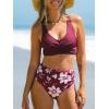CUPSHE Women’s Bikini Sets High Waisted Two Piece Swimsuit V Neck Front Wrap Adjustable Straps Ruched Bottom Swimwear(Burgandy Red / Floral)