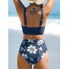 CUPSHE Women’s Bikini Sets High Waisted Two Piece Swimsuit V Neck Front Wrap Adjustable Straps Ruched Bottom Swimwear(Navy Blue/Floral)