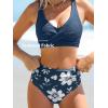 CUPSHE Women’s Bikini Sets High Waisted Two Piece Swimsuit V Neck Front Wrap Adjustable Straps Ruched Bottom Swimwear(Navy Blue/Floral)